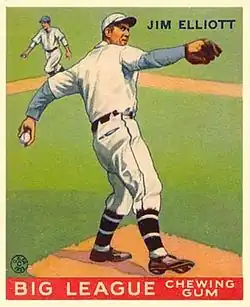 A baseball card image of a man in a white baseball uniform and cap standing atop a dirt mound on a grass field and throwing a baseball with his left hand