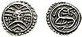 Silver coins from Ribe (c. 710–20). Odin and Christian cross symbols (left) and Norse pagan fantastic animal (right).