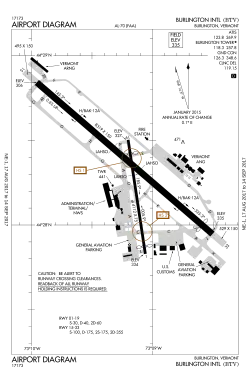 A map with a grid overlay showing the terminals runways and other structures of the airport.