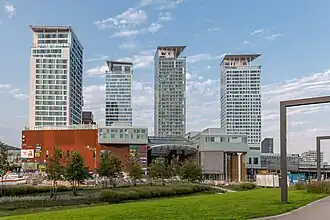 REDI shopping centre and the skyscrapers (Visio, Lumo One, Majakka and Loisto) in September 2023