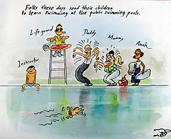 A boy swims in a pool. A man, the instructor, sits by the side. The lifeguard, wearing sunglasses, sits in his chair. The parents of the boy, stand at the side, gesticulating wildly at their child. A woman, the maid, stands beside them.