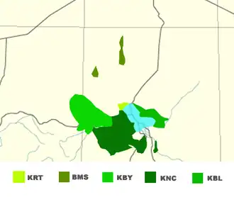 Extent of the five main Kanuri language groups today.