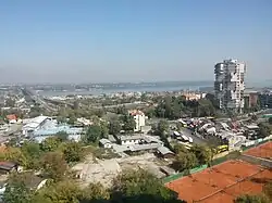 View of the bus terminus, the Pančevo Bridge across the Danube and the Toblerone Building