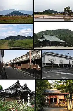 Left: Mount Unebi, Mount Amanokaga, Imai heritage old house site, Ofusa Kannon Temple, Right: Mount Miminashi, Kashihara Shrine, Kashihara Archaeological, Institute, Unebi-yamaguchi Shrine (all item from above to bottom)