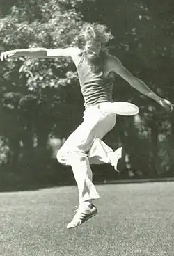Frisbee player Ken Westerfield wearing draw string bell bottoms in the late 1970s