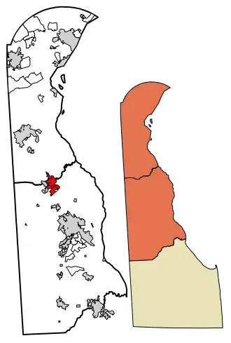 Location of Smyrna in Kent County and New Castle County, Delaware.