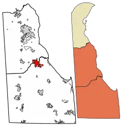 Location of Milford in Kent County and Sussex County, Delaware.
