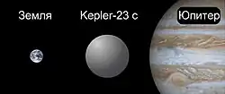 Comparative sizes of Earth, Kepler-23 c and Jupiter.