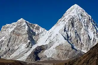South aspect of Khangri Shar (left) and Pumori (right)