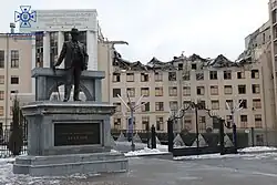 Monument to Beketov in Kharkiv unveiled in 2016. Kharkiv National University of Urban Economy after Russian rocket strike, February 5, 2023