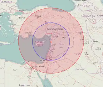 Anti-access/area denial bubble created by Iskander-M and S-400 systems deployed at Russia's Khmeimim airbase. Red – ballistic missile range (700&nbsp;km). Blue – maximum range of the S-400 system with 40N6 missile (400&nbsp;km).