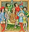 1417 A.D., Olomouc, Moravia. David (sitting) surrounded by musicians or troubadours in a picture from the Olomouc Bible. From left: nakers, vielle, horn, triangle, lute, bagpipes