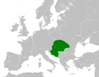 The Kingdom of Hungary in union with Kingdom of Croatia (green) in 1190