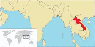 Location of Kingdom of Luang Prabang (red) Territories annexed into Thailand (pink)