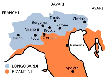 A map of Italy divided in orange and green colors, with a green blot for "Longobard" an orange one for "Byzantine"