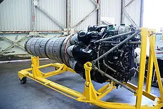 A jet engine in an engine stand