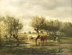 'Landscape with cows in a pool of water', c. 1860-65; oil on panel