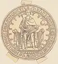 Seal of Haakon as King (obverse), in known use 1305–18 (Norwegian coat of arms on reverse).