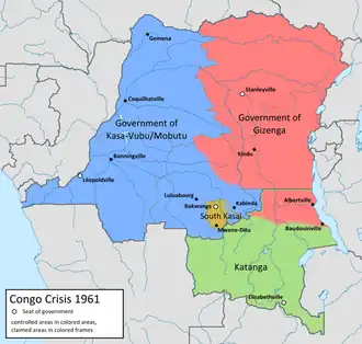 Geographic distribution of the factions in the Congo in 1961, including the State of Katanga