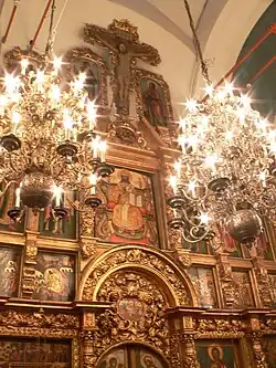 Crucifix on top of the iconostasis of Russian Orthodox Church of the Twelve Apostles in Moscow