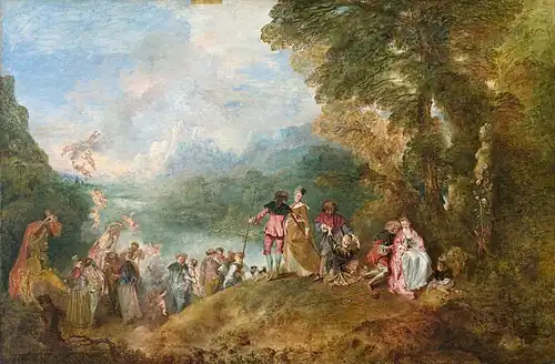The Embarkation for Cythera; by Jean-Antoine Watteau; 1718; oil on canvas; 1.29 x 1.94 m; Schloss Charlottenburg[175]