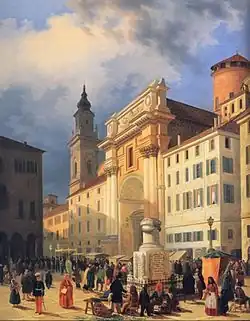 The Ara Amicitiae in Parma's Piazza grande in a painting by Luigi Marchesi (1852)