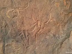 Crying Cows is low-relief rock art found in Tassil n’Ajjer. It depicts teardrops rolling down the faces of horned cattle.