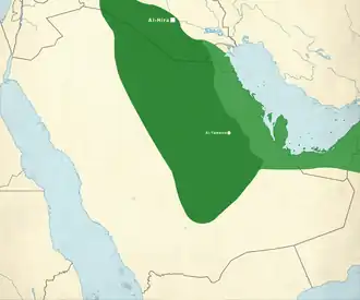 Map of the Lakhmid kingdom (green) and Sasanian territory under Lakhmid governance (light green) in the sixth century.