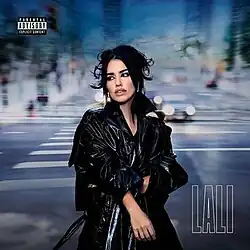 Lali wearing a black leather coat and her hair tied with a bun while looking over her shoulder and standing on a zebra crossing and blurred buildings behind her.