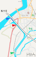 Pont de Langlois (red) and Pont Van Gogh (green); entrance of the canal in 1888 (blue)