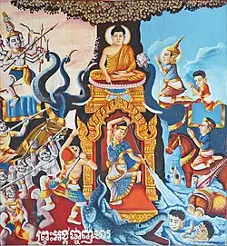 Modern Vietnamese depiction, with Pṛthivi wringing out her hair, to produce a flood that sweeps Mara's army away