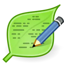 Logo for Leafpad, which depicts a blue pencil writing lines on a green leaf