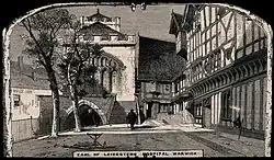 Wood engraving of the walkway across the frontage at the Lord Leycester, looking towards the chapel
