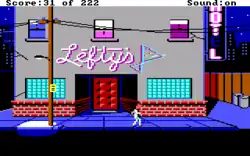 A pixelated bar scene with a character in a white suit standing outside