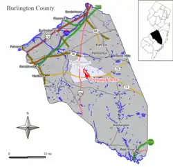 Map of Leisuretowne CDP in Burlington County. Inset: Location of Burlington County in New Jersey.