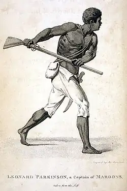 Leonard Parkinson, Maroon Leader, Jamaica, 1796. Engraving by Abraham Raimbach. Caption on the engraving: "Leonard Parkinson; a Captain of Maroons, / taken from the Life. // Pub. Oct. 24, 1796 by J. Stockdale Piccadilly."