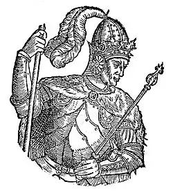 Imaginary depiction of Leszko I in Sarmatiae Europeae descriptio by Alexander Guagnini