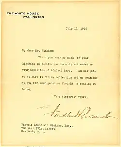A letter from President Roosevelt, thanking Mr. Wickham for submitting his original model of Admiral Richard E. Byrd.
