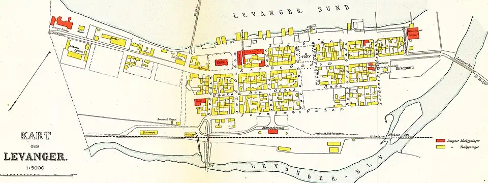 Levanger map from 1909. The station is the southernmost red building.