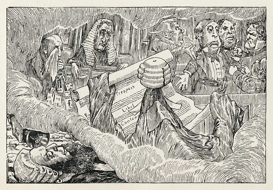 The Barrister's dream of the trial of the pig, with the Snark shown draped in a cloth in the foreground acting as defence barrister; the Bellman's bell is ringing in his ear in the lower left