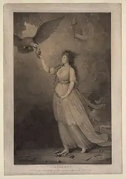 Abstract: An allegory of American liberty. Liberty, represented by a maiden in the form of the goddess Hebe, offers a cup to an eagle descending from the upper left. With her right foot she treads on chains, a scepter, a key, and other implements of tyranny. At the lower right, beyond a pedestal or altar, the town of Boston is visible, with lightning in the sky overhead. Physical description: 1 print on laid paper: stipple engraving and mezzotint ; 65.5 x 42.2 cm (sheet)