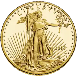 The obverse of the American Gold Eagle, a gold bullion coin in current production, designed by Saint-Gaudens