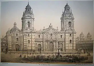 The Cathedral of Lima and the Renaissance fountain at the Plaza Mayor in 1860 by Henri Godard and Jardinet.[10]
