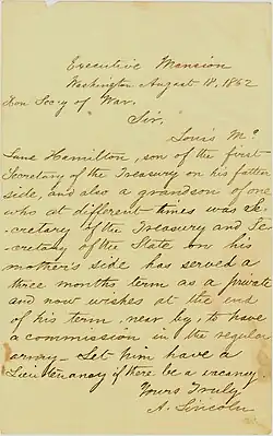 1862 letter from Abraham Lincoln on behalf of Hamilton