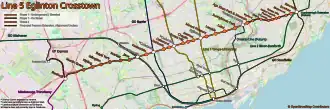 Map of the Eglinton Crosstown and all connections. Map by OpenStreetMap.