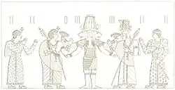 Copy of relief from Naqa depicting Amanitore (second from left), Natakamani (second from right) and two princes approaching a three-headed Apedemak.