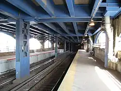 The two tracks and platforms at the Long Island Rail Road's East New York station, as seen in 2008. The station is located under a blue viaduct. The photographer is facing toward a tunnel portal at the end of one of the platforms.