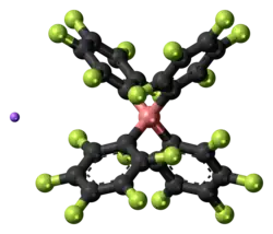 Ball-and-stick model of the component ions of lithium tetrakis(pentafluorophenyl)borate