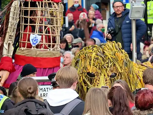 Little Amal with Anbesa the lion in Rochdale