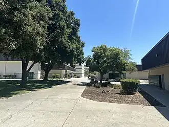 Trees and buildings are together.